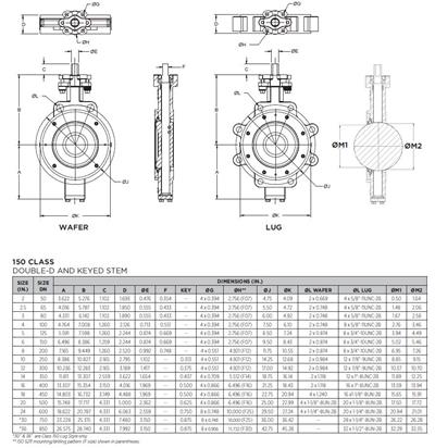 Technical drawing for Apollo Class 300 Stainless Steel Butterfly Valve with Stainless Steel Disc, 17-4 PH SS Stem & Pin, TFM/INCONEL Seats, Graphite Seals, NACE MR0103 Compliant, Bare Stem (2 x Lug Type)