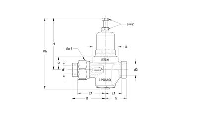 Technical drawing for Apollo Compact Lead Free Water Pressure Reducing Valves with Gauge (Union FNPT x FNPT)
