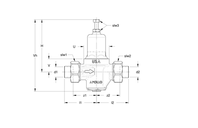 Technical drawing for Apollo Compact Water Pressure Reducing Valves with Gauge (2 x Union Solder)