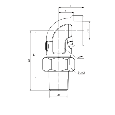 Technical drawing for Broen Ballofix voetventiel haaks 3-delig (buitendraad x binnendraad)