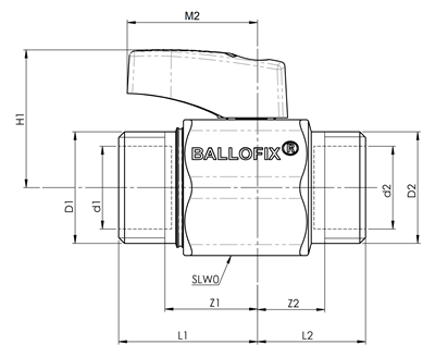 Technical drawing for Broen Ballofix minikogelkraan met hendel (2 x buitendraad)