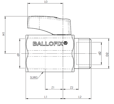Technical drawing for Broen Ballofix minikogelkraan met hendel (binnendraad x buitendraad)