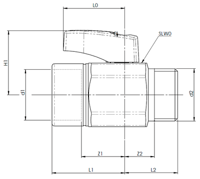 Technical drawing for Broen Ballofix Filterfix kogelafsluiter met hendel (binnendraad x buitendraad)