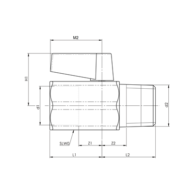 Technical drawing for Broen Ballofix Gas minikogelkraan (binnendraad x buitendraad)