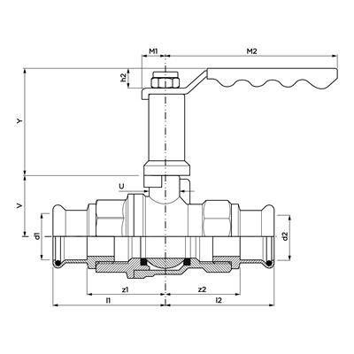 Technical drawing for VSH XPress kogelafsluiter met verlengde spindel (2 x press)