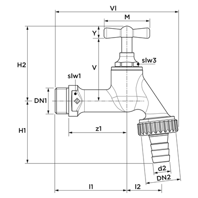 Technical drawing for SF tapkraan krukbediening met slangtule (buitendraad x slangtule)
