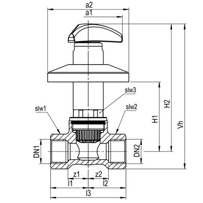 Technical drawing for SEPP UP zuigerafsluiter warm en koud (2 x binnendraad)