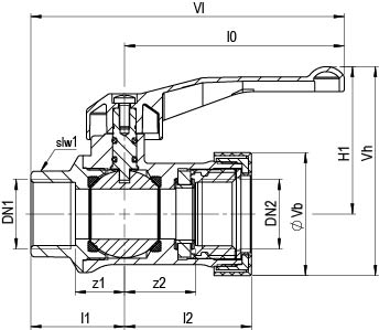 Technical drawing for SEPP Gas kogelafsluiter met isolatiekoppeling (2 x binnendraad)