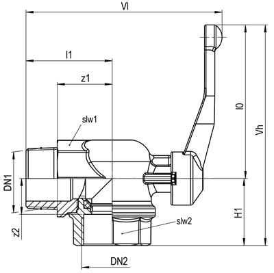 Technical drawing for SEPP Gas kogelafsluiter haaks verzegelbaar (buitendraad x binnendraad)