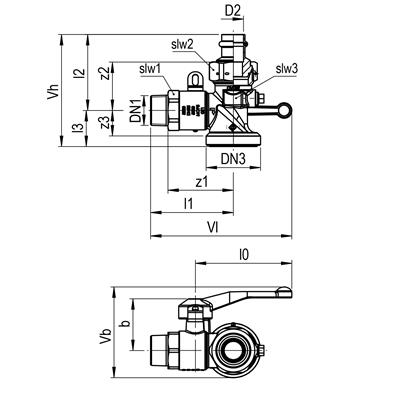 Technical drawing for SF Gas kogelafsluiter haaks voor eenstrangs gasmeter DN25 press (buitendraad x binnendraad) afsluitbaar