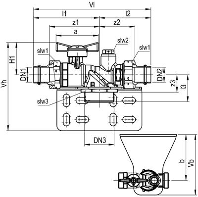 Technical drawing for SEPP Easy montageset voor eenstrangs gasmeter DN25 (2 x press)