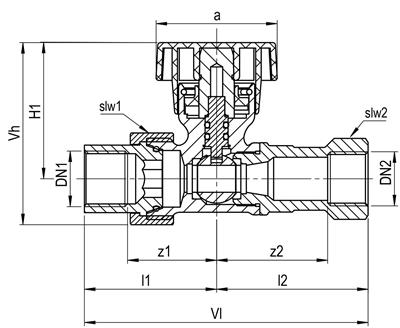 Technical drawing for SEPP Gas aansluitkogelkraan recht (buitendraad x binnendraad)