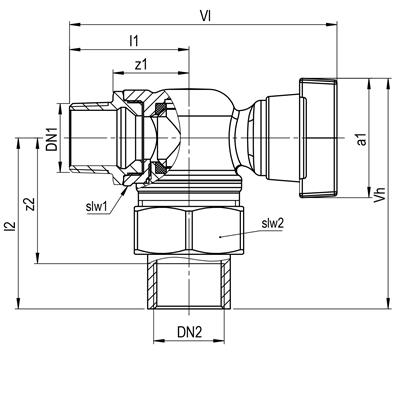Technical drawing for SEPP Gas aansluitkogelkraan haaks (buitendraad x binnendraad)