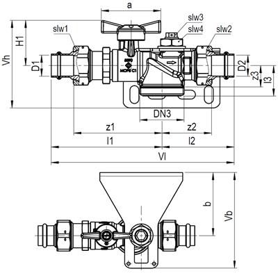 Technical drawing for SEPP Easy bevestigingsset voor eenstrangs gasmeter DN25 press (2 x binnendraad)