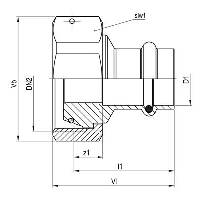 Technical drawing for SF Gas wartelkoppeling press (press x wartel)