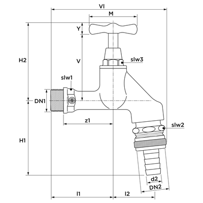 Technical drawing for SF beluchterkraan met keerklep HD met kruk Ms (2 x buitendraad)