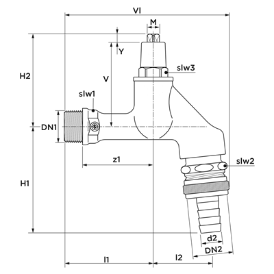 Technical drawing for SF beluchterkraan met keerklep HD sleutelbediening (2 x buitendraad)
