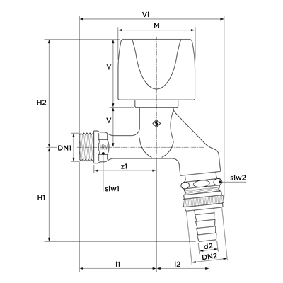 Technical drawing for SF beluchterkraan met keerklep HD sleutelbediende knop (2 x buitendraad)