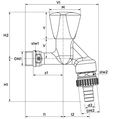 Technical drawing for SF beluchterkraan met keerklep HD kroonknop (2 x buitendraad)