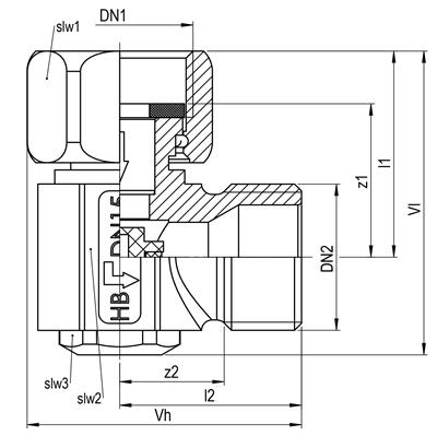 Technical drawing for SEPP Safe keerklep en beluchter HD haaks (binnendraad x buitendraad)