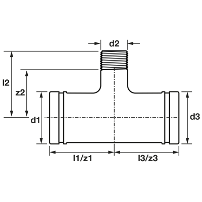 Technical drawing for VSH Shurjoint T-stuk buitendraad (groef x buitendraad x groef)
