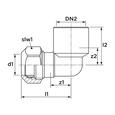 Technical drawing for VSH Klem kniekoppeling 90° (klem x binnendraad)