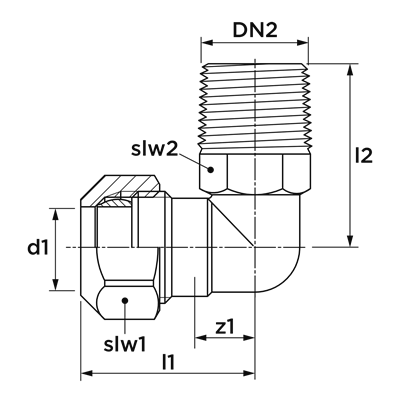 Technical drawing for VSH Klem kniekoppeling 90° (klem x buitendraad)
