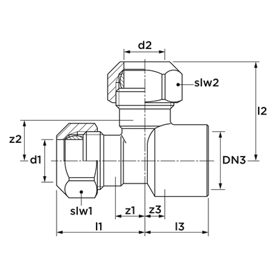 Technical drawing for VSH Klem T-stuk met (klem x klem x binnedraad)