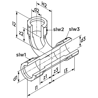 Technical drawing for VSH Klem T-stuk met haakse aftakking (3 x klem)
