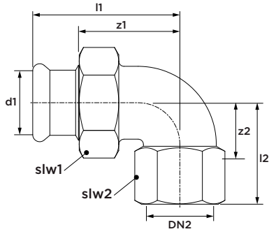 Technical drawing for VSH XPress Koper 3-delige kniekoppeling 90° (press x binnendraad)