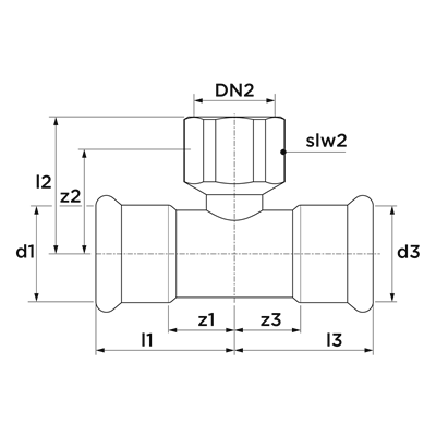 Technical drawing for VSH XPress Koper T-stuk met draad (press x binnendraad x press)