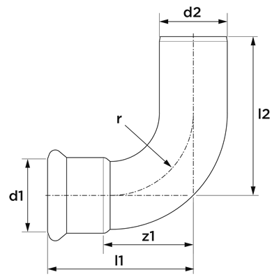 Technical drawing for VSH XPress Koper bocht 90° verchroomd (press x insteek)