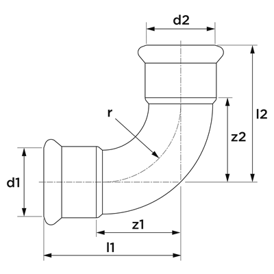 Technical drawing for VSH XPress Koper bocht 90° verchroomd (2 x press)