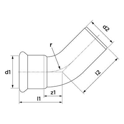 Technical drawing for VSH XPress Koper bocht 45° verchroomd (press x insteek)