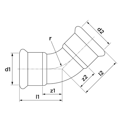 Technical drawing for VSH XPress Koper bocht 45° (2 x press)