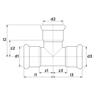 Technical drawing for VSH XPress Koper T-stuk verloop verchroomd (3 x press)