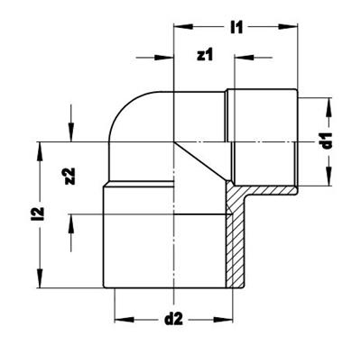Technical drawing for VSH Soldeer Messing knie 90° (soldeer x binnendraad)