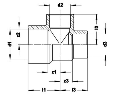 Technical drawing for VSH Soldeer Messing T-stuk verloop (3 x soldeer)