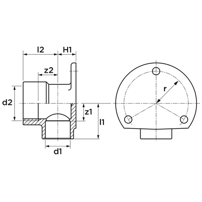 Technical drawing for VSH Soldeer Messing muurplaat hoog (soldeer x binnendraad)