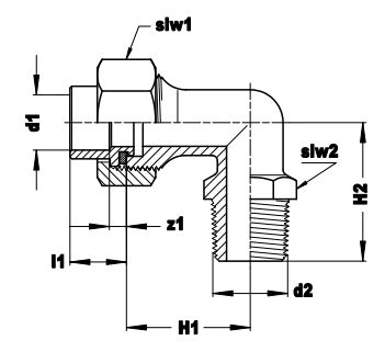 Technical drawing for VSH Soldeer Messing 3-delige kniekoppeling 90° (soldeer x buitendraad)