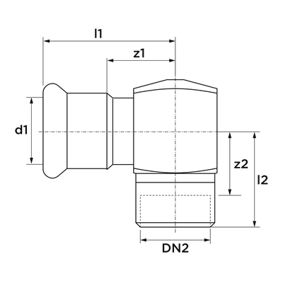 Technical drawing for VSH XPress Staalverzinkt kniekoppeling 90° (press x binnendraad)