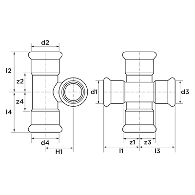 Technical drawing for VSH XPress Staalverzinkt passeerkruisstuk 90° (4 x press)
