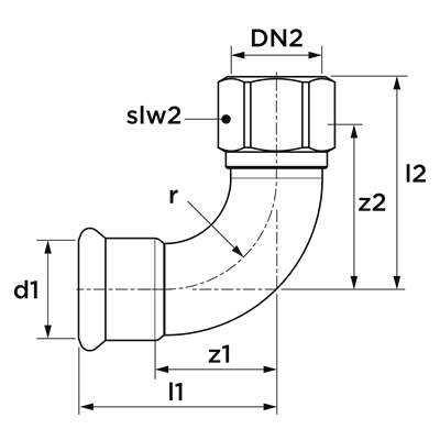 Technical drawing for VSH XPress Staalverzinkt bocht 90° (press x binnendraad)