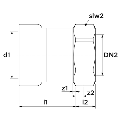 Technical drawing for VSH PowerPress overgangskoppeling (press x binnendraad)