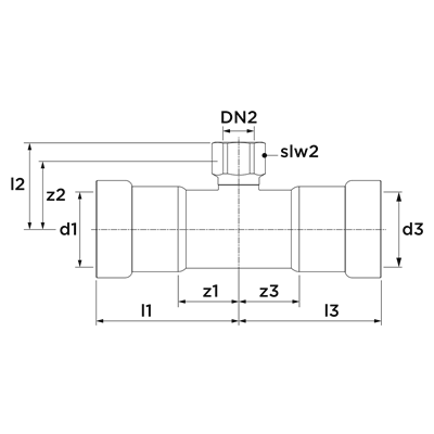 Technical drawing for VSH PowerPress T-stuk binnendraad (press x binnendraad x press)