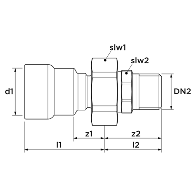 Technical drawing for VSH PowerPress 3-delige koppeling (press x buitendraad)