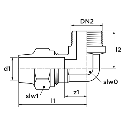 Technical drawing for VSH Super Gas België kniekoppeling 90° (knel x buitendraad)