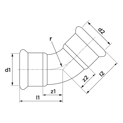 Technical drawing for VSH XPress Koper Gas bocht 45° (2 x press)