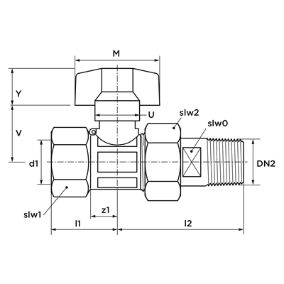 Technical drawing for VSH gaskogelkraan met wartel (binnen- x buitendraad)