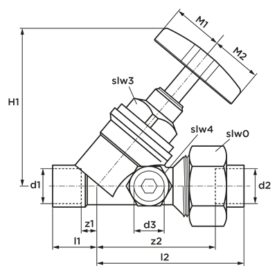 Technical drawing for VSH klepstopkraan met wartel en aftapgelegenheid (2 x soldeer)
